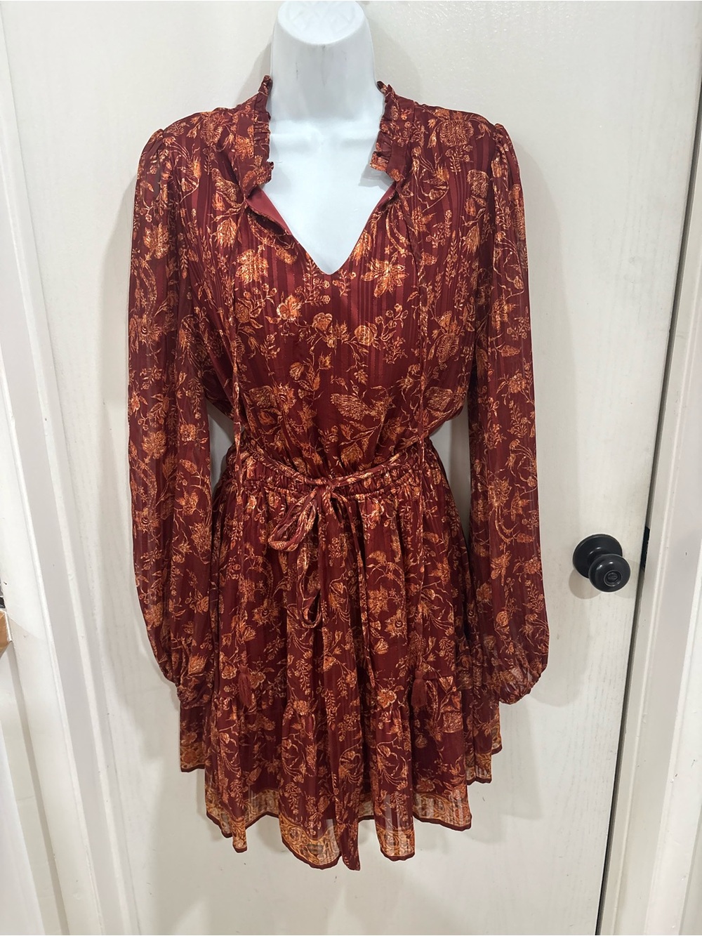 Flying Tomato bohemian western Rust and Gold Floral Long-Sleeve Tie-Waist Dress